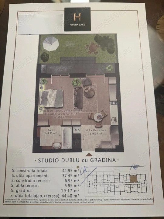 Studio Pipera cu gradina in complex cu promenada