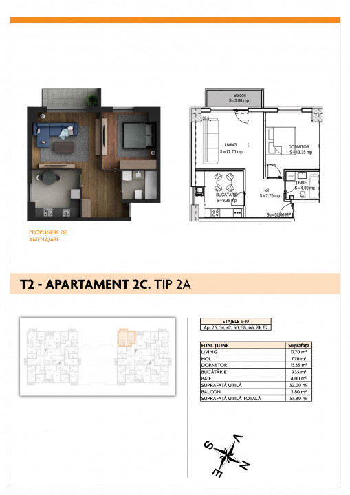 Apartament 2 camere | 55,2 mp | Nou |